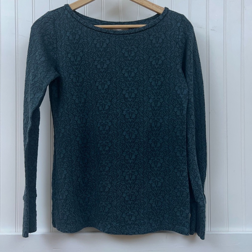 LOFT Women's Blouse Fairy Indie Dark Green Textured Lace Floral Long Sleeve XS